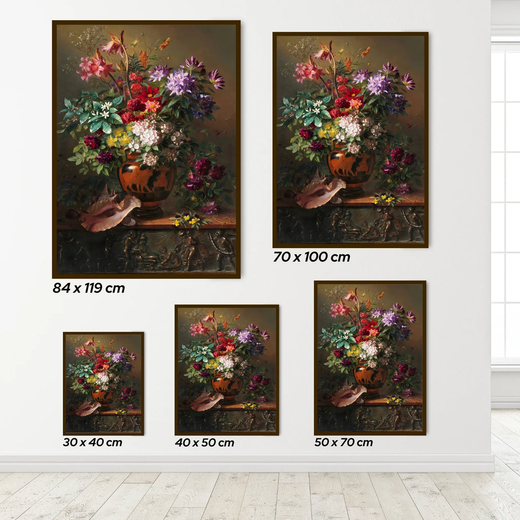 Set of floral posters in various sizes on a white wall.