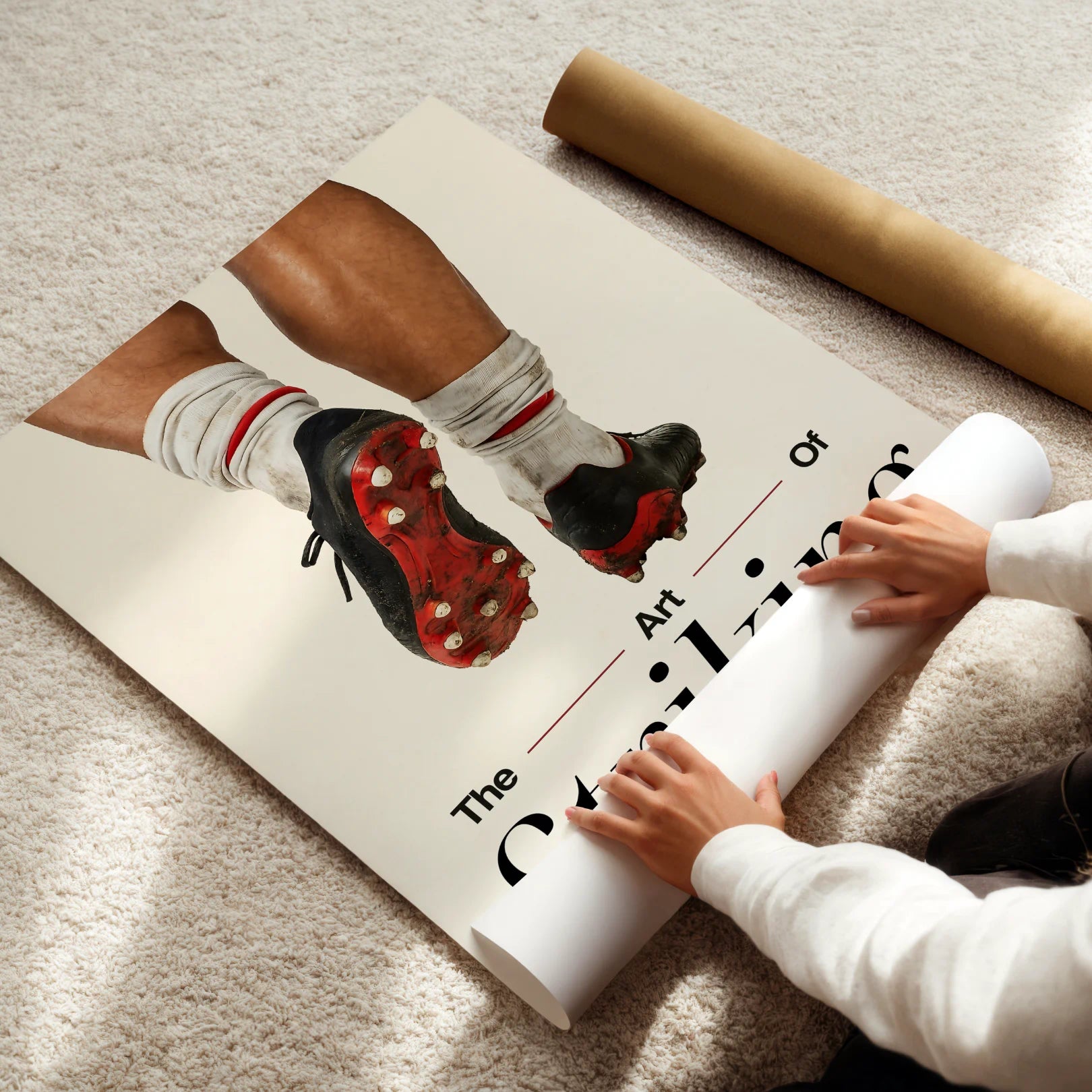 Person unrolling a large poster of soccer shoes on a carpeted floor.