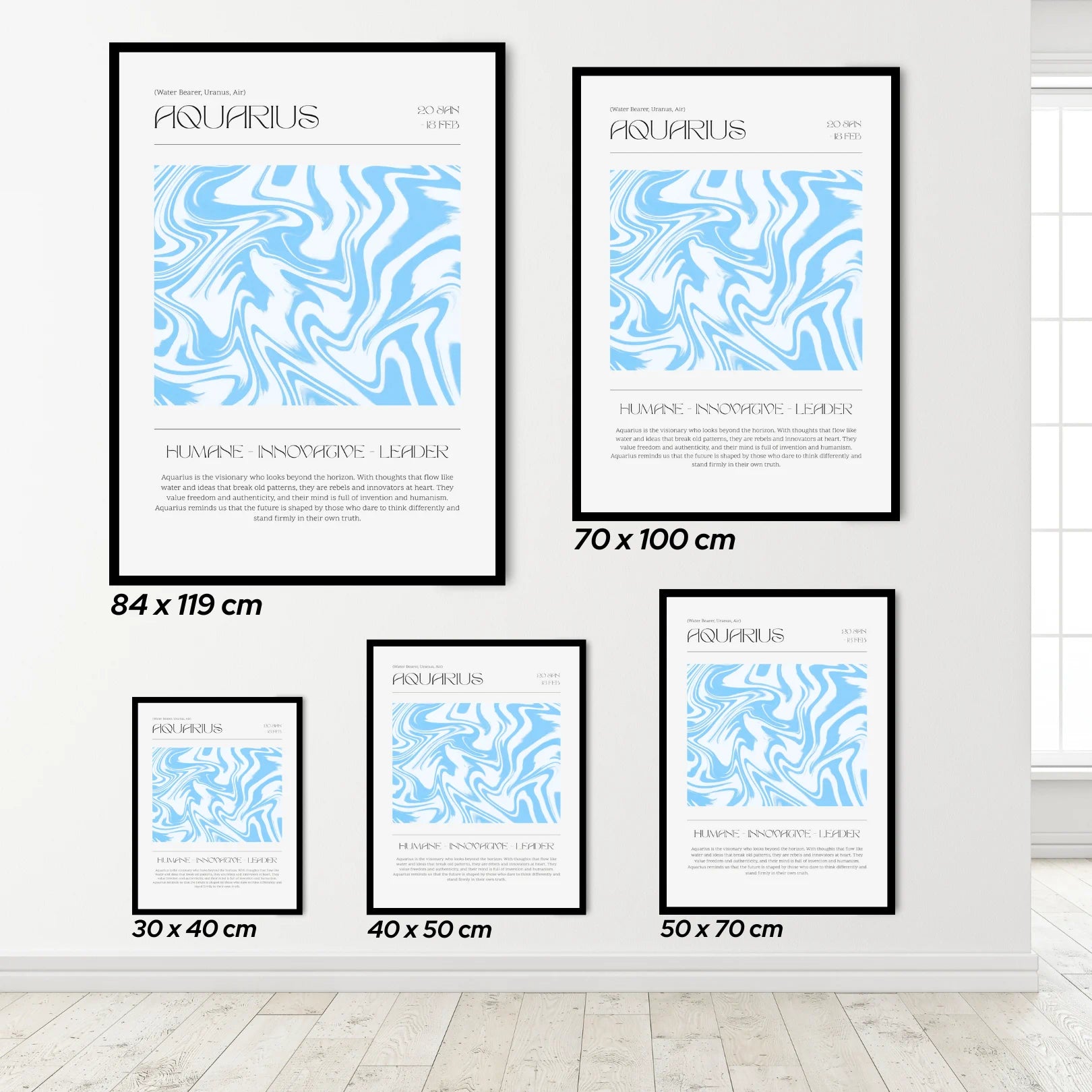Set of Aquarius zodiac posters in various sizes on a white wall.