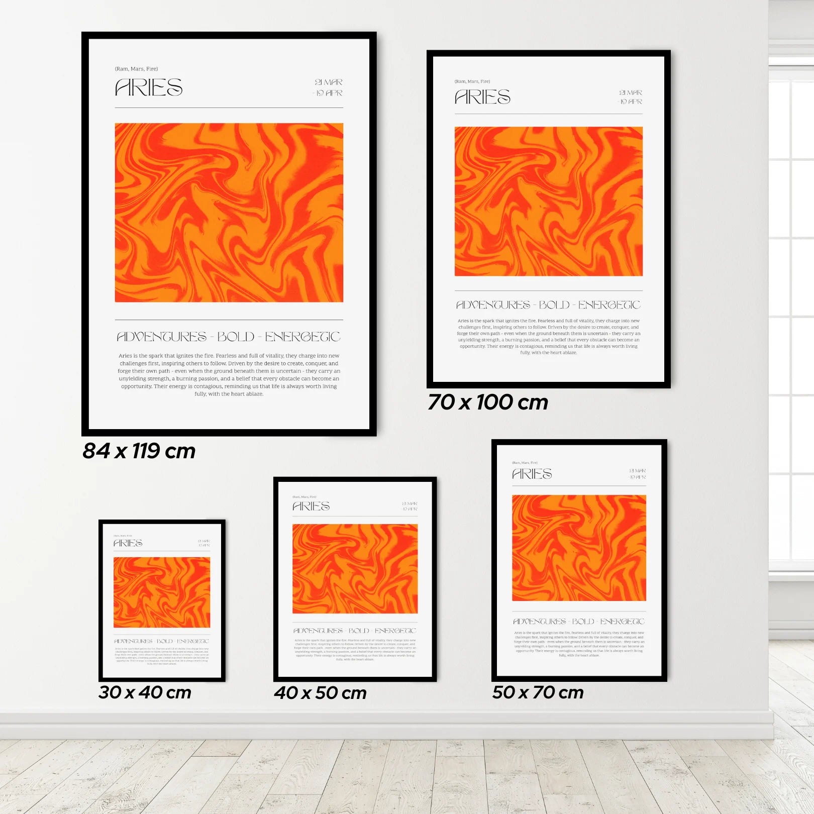Set of framed posters with Aries zodiac sign design on a white wall.