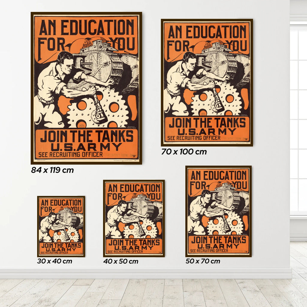 Set of vintage-style military recruitment posters on a white wall.