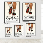 Set of 'The Art of Striking' posters showing feet with soccer cleats on a white wall.