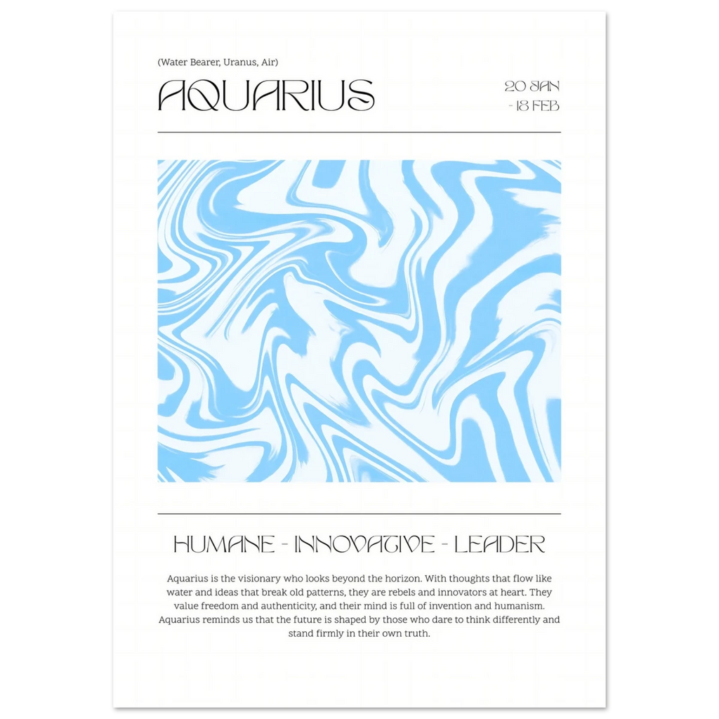 Aquarius zodiac sign poster with blue and white marbled design and text.