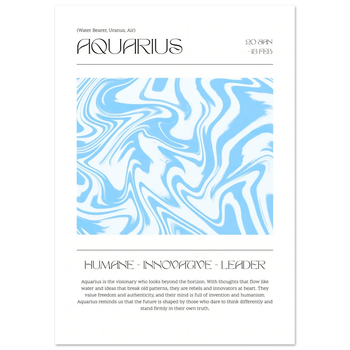 Aquarius zodiac sign poster with blue and white marbled design and text.