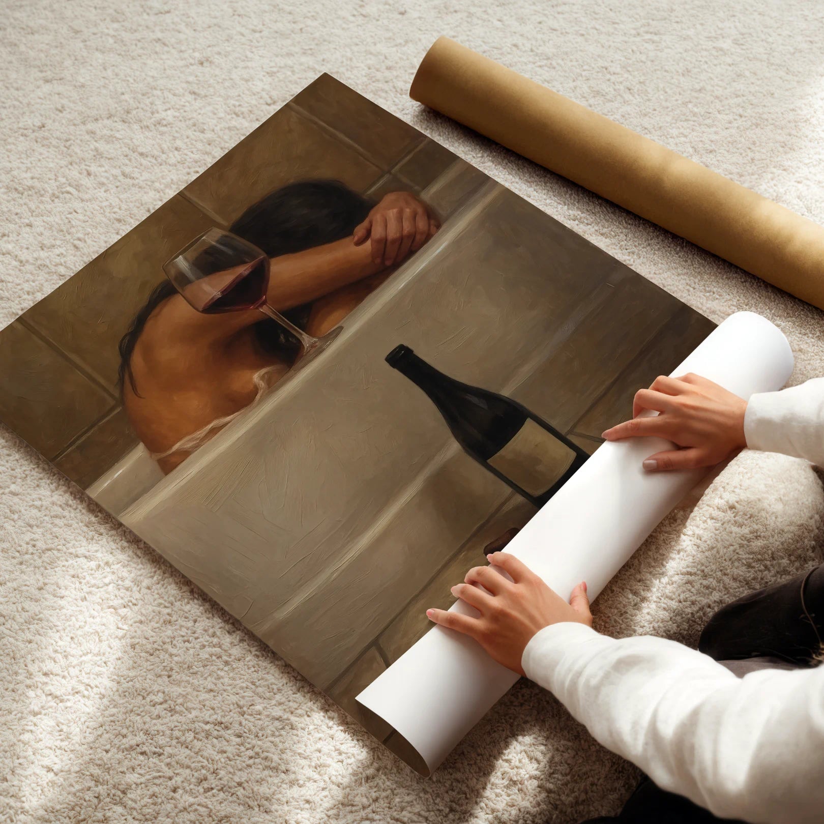 Person unrolling a large poster on the floor of a woman in bathtub with a glass of wine and bottle nearby.