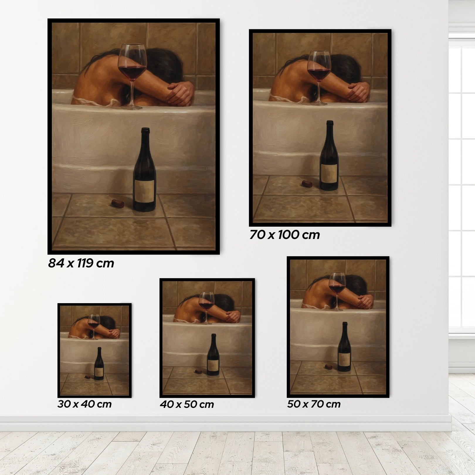 Set of framed artworks showing a person in a bathtub with a wine bottle and glass, displayed in various sizes.