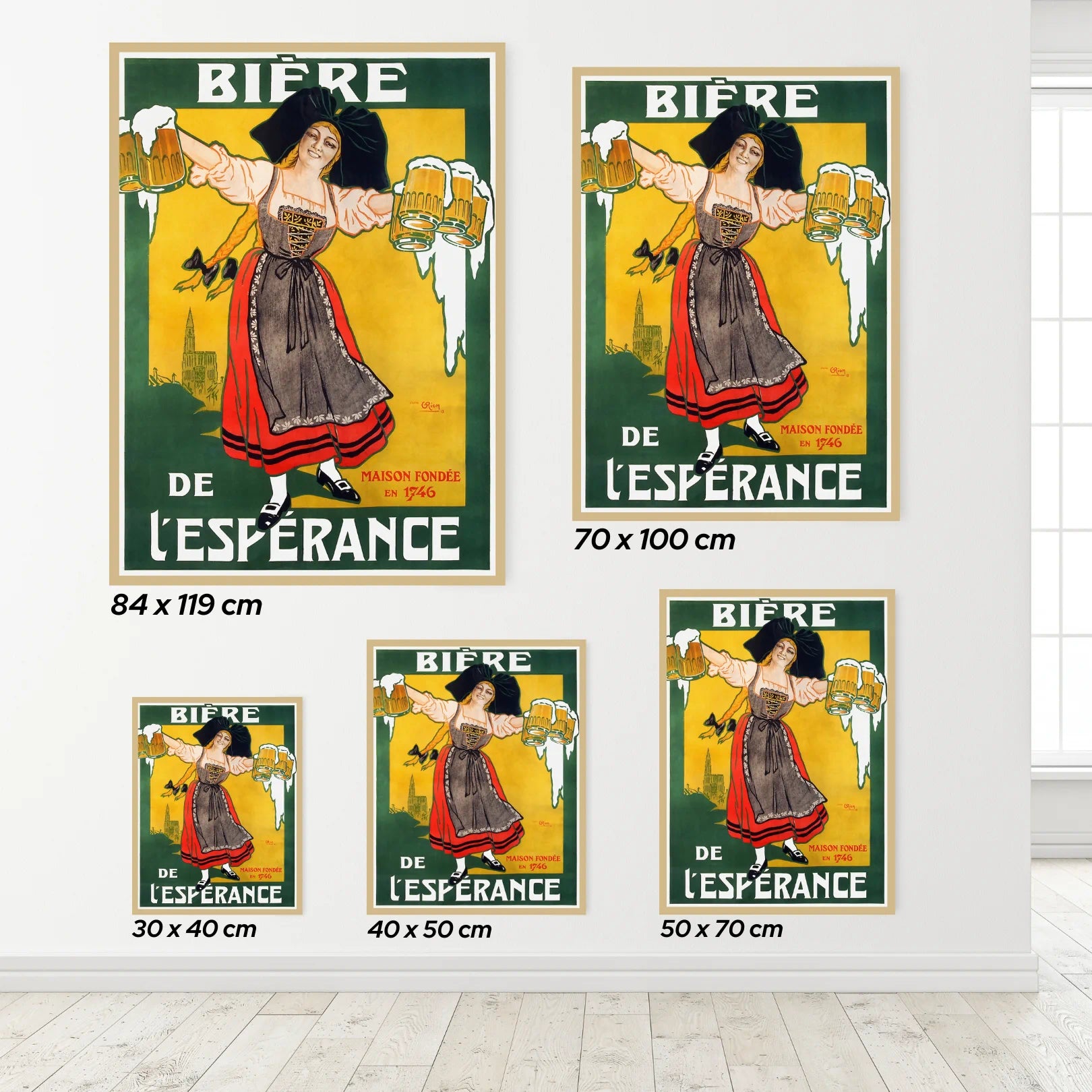 Collection of vintage-style beer posters featuring a woman with a beer mug on a white wall.