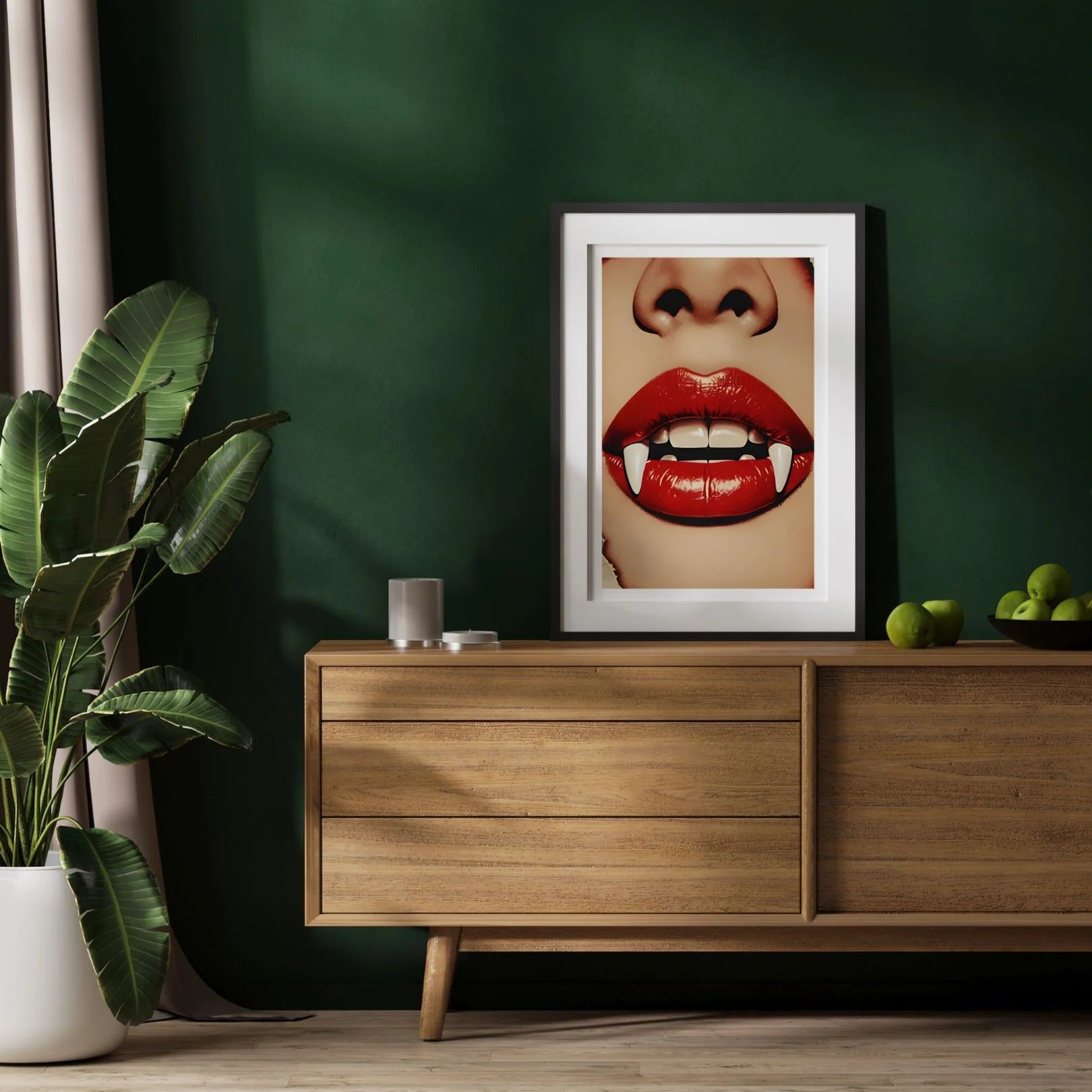 Bite Me framed poster in modern living room with green wall – pictorprints