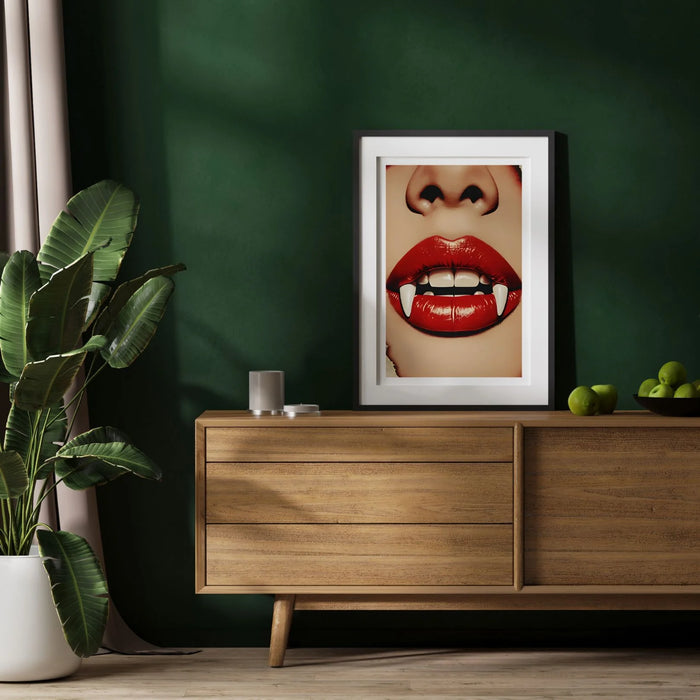 Bite Me framed poster in modern living room with green wall – pictorprints