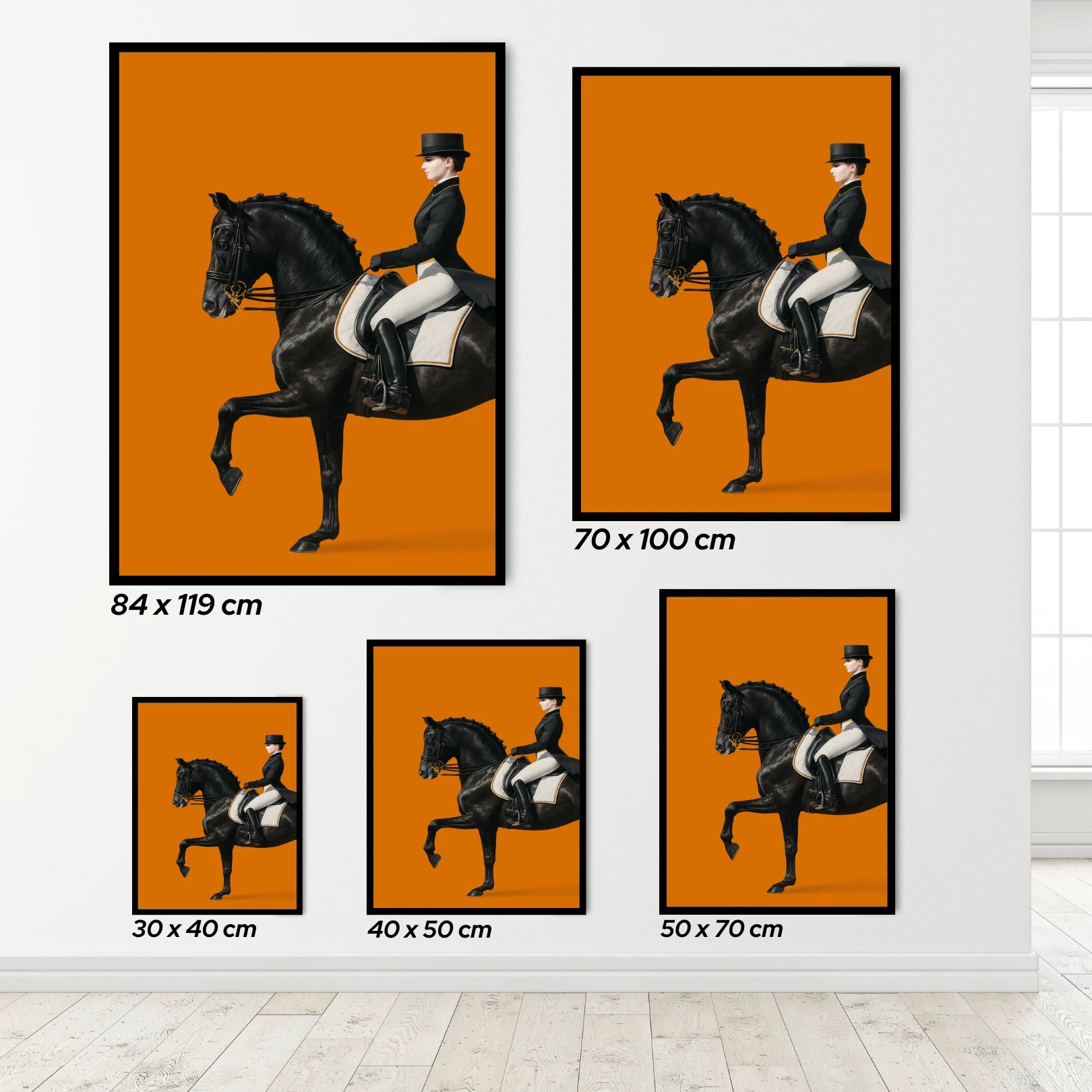 Set of equestrian Hermes posters on an orange background with dimensions displayed.