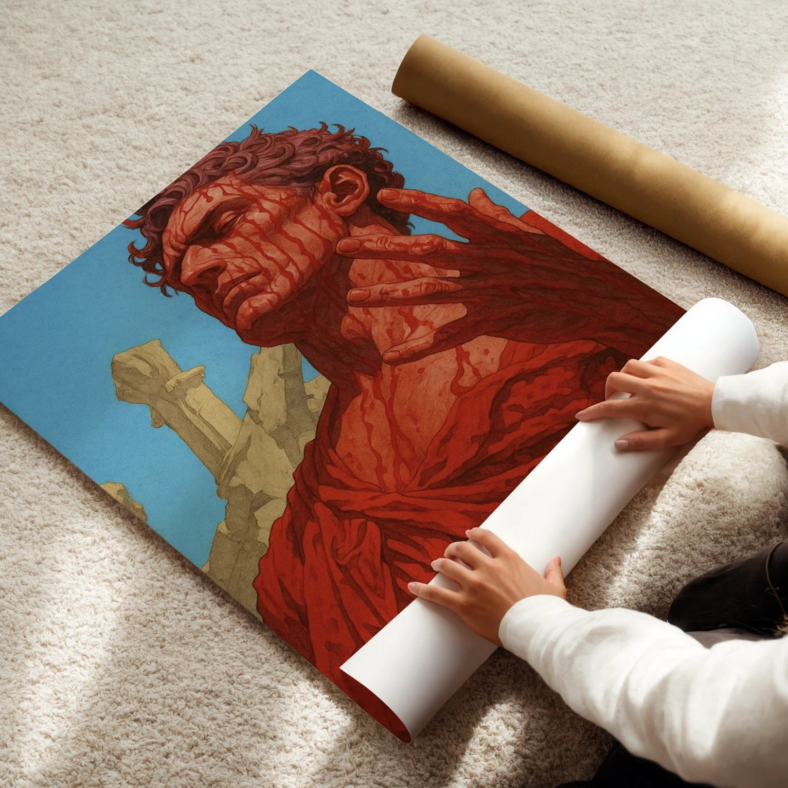 Person unrolling a large artwork of a roman warrior in a red blood on a beige carpet.