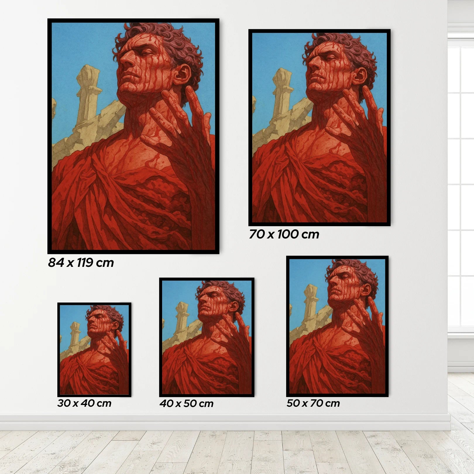 Set of framed artworks of a roman warrior on a white wall.