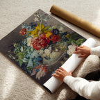 Person unrolling a floral poster on a carpeted floor
