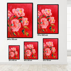 Set of floral paintings on a red background with dimensions displayed.