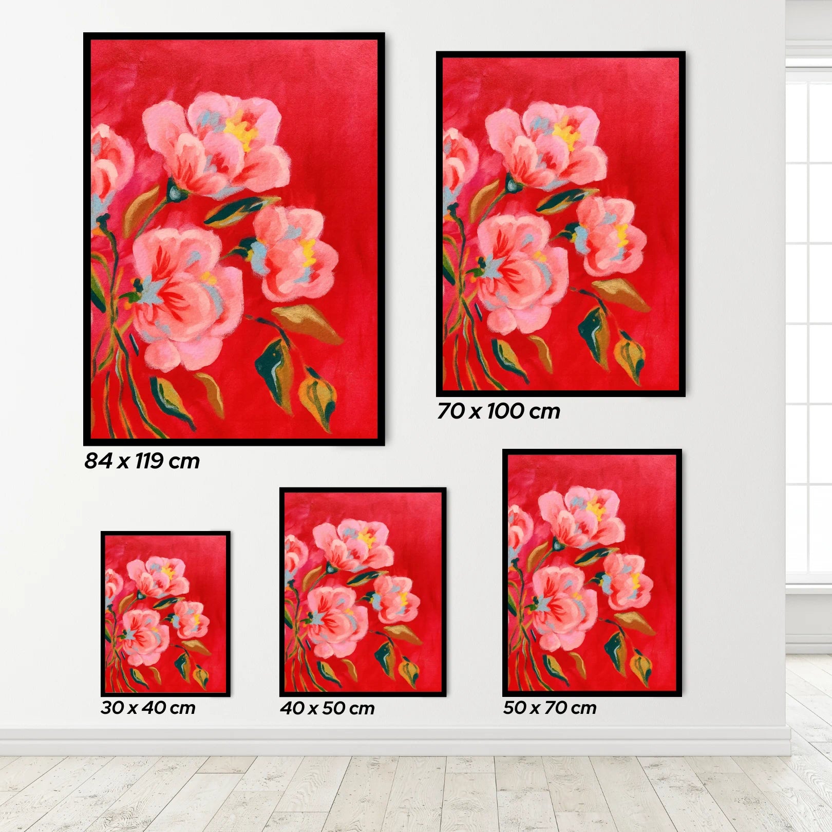Set of floral paintings on a red background with dimensions displayed.