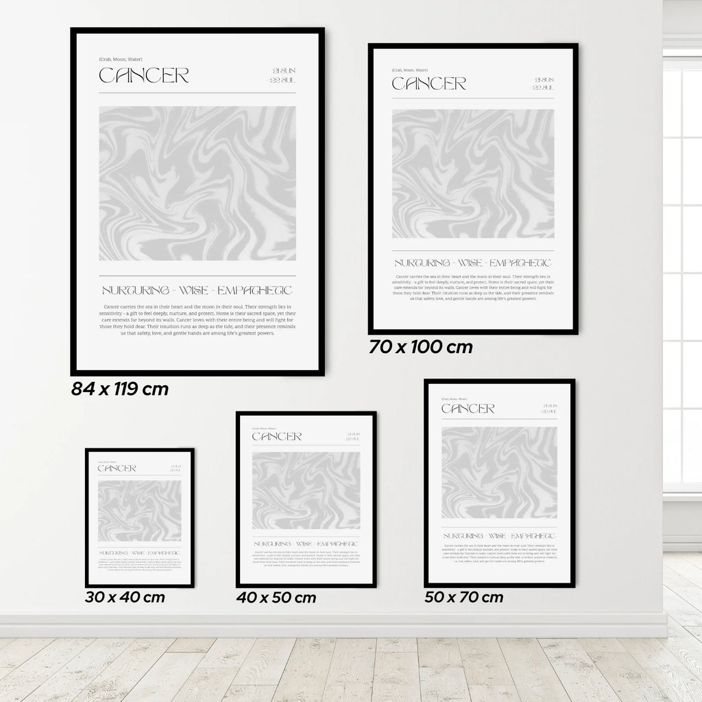 Set of Cancer zodiac posters in various sizes on a white wall.
