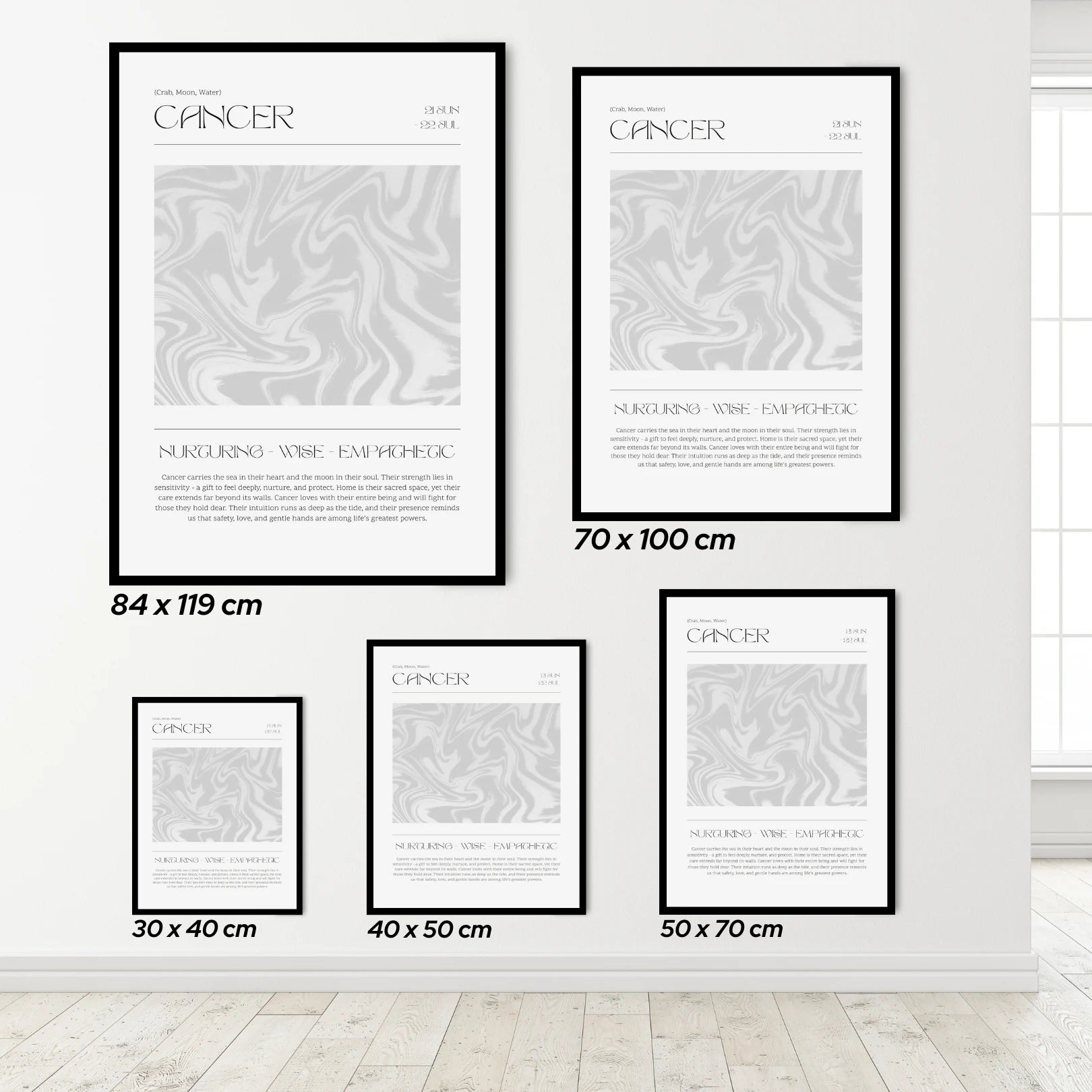 Set of Cancer zodiac posters in various sizes on a white wall.