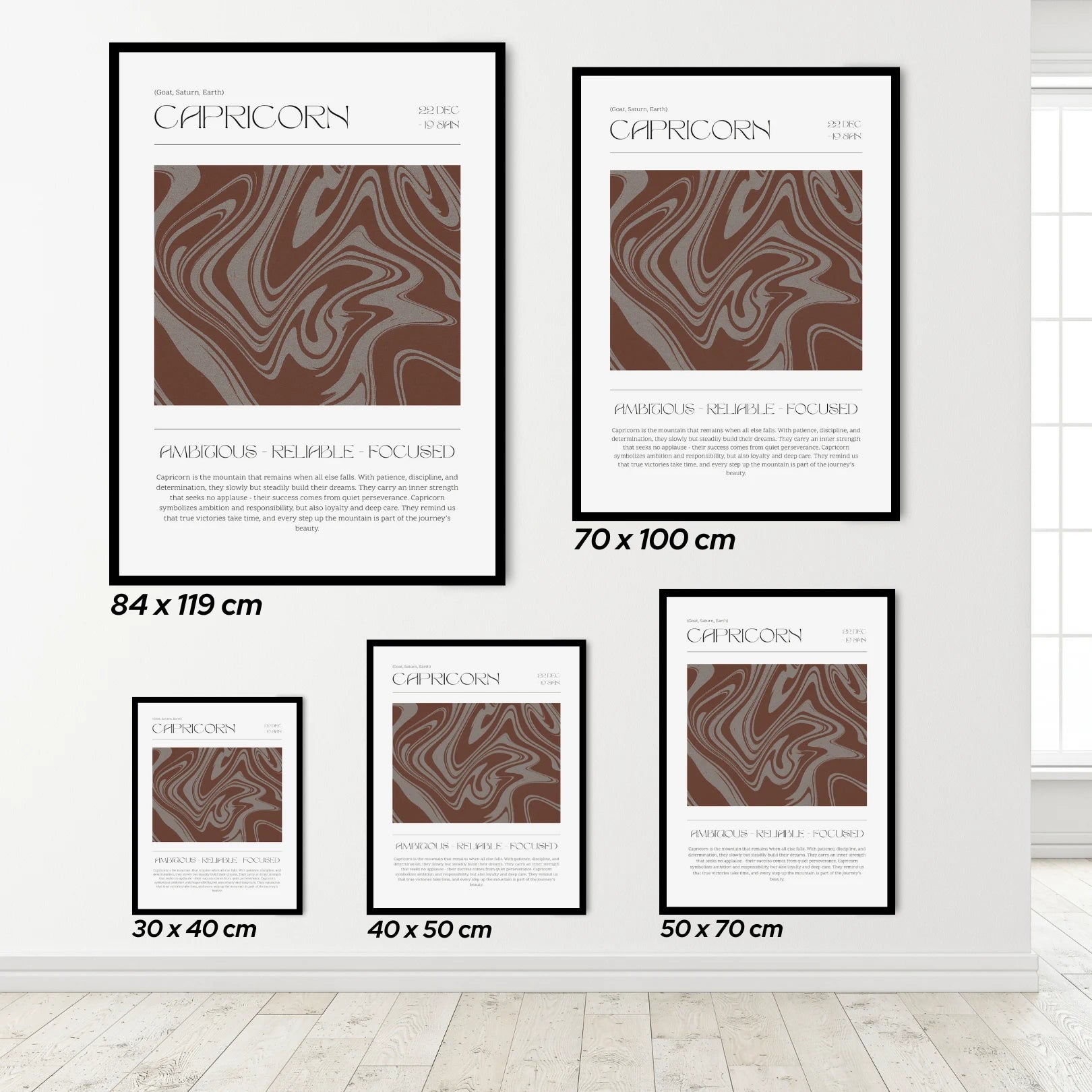 Set of Capricorn zodiac posters in various sizes on a white wall.