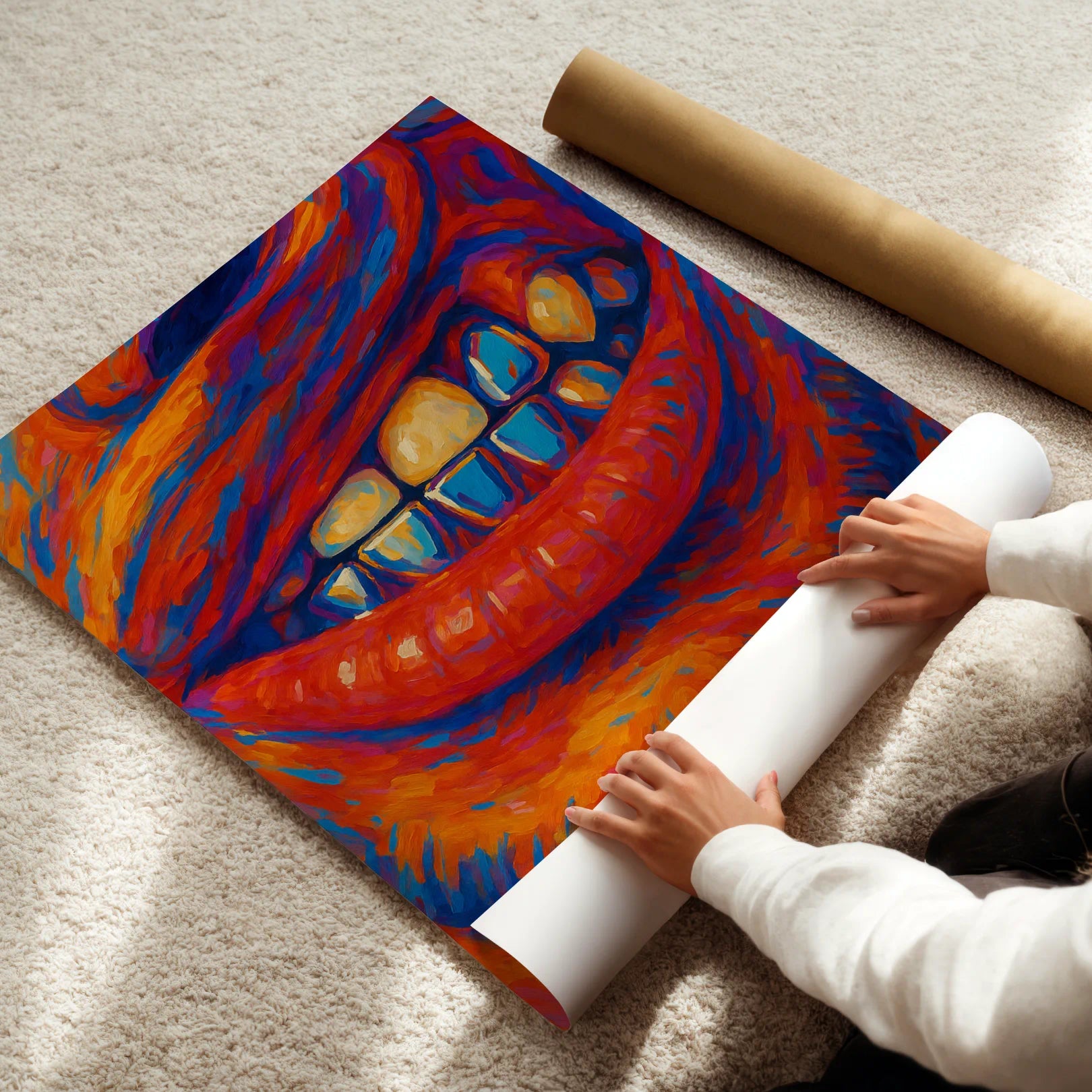 Person unrolling a colorful abstract grills poster on a carpeted floor