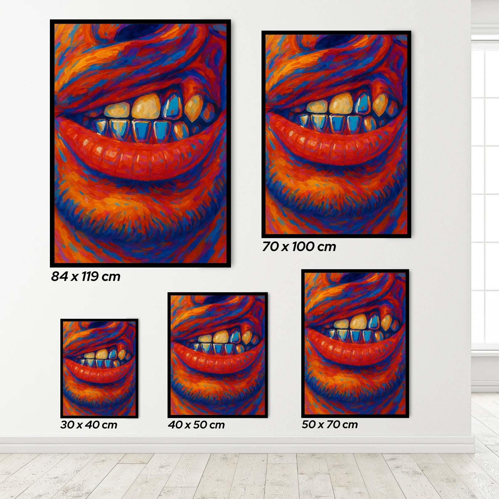 Set of four colorful mouth-grills artworks with size specifications on a white wall.