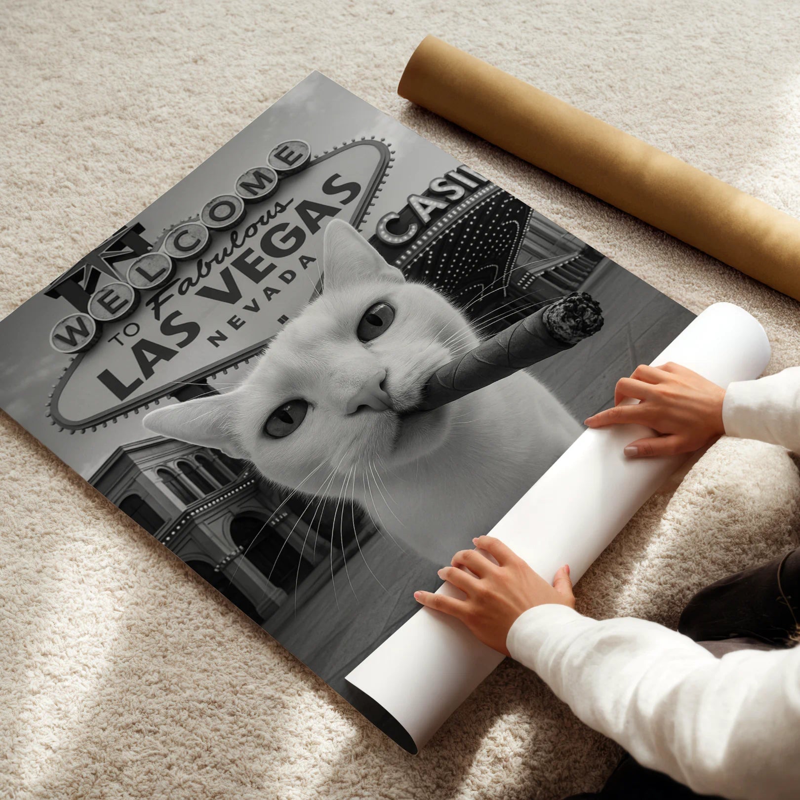 Person unrolling a poster of a cat with a Las Vegas sign