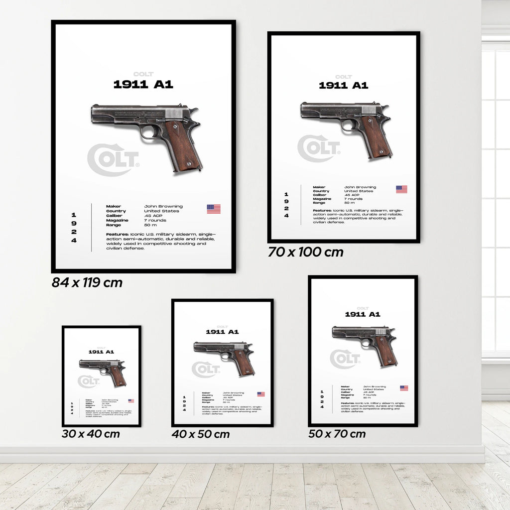 Set of framed posters of a Colt 1911 A1 pistol on a white wall.