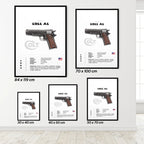 Set of framed posters of a Colt 1911 A1 pistol on a white wall.