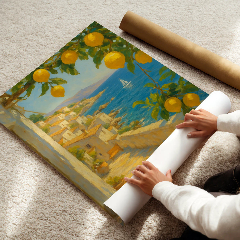 Person unrolling a large painting of a coastal landscape with buildings and lemons.