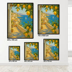 Set of four framed artworks depicting a coastal scene with lemons, shown in various sizes.