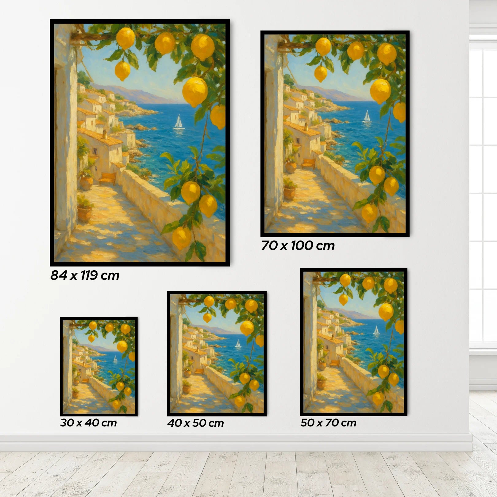 Set of four framed artworks depicting a coastal scene with lemons, shown in various sizes.