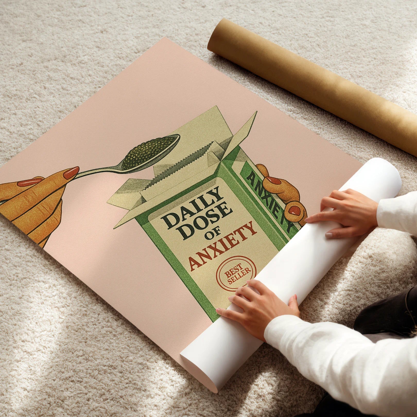 Person unrolling a poster with 'Daily Dose of Anxiety' design on a light-colored floor.
