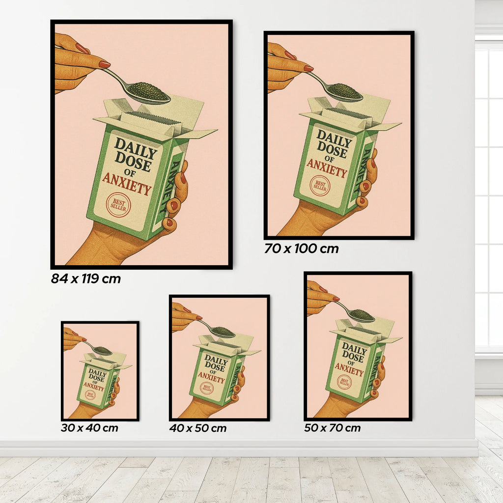 Set of framed prints with a hand holding a box labeled 'Daily Dose of Anxiety' on a peach background.