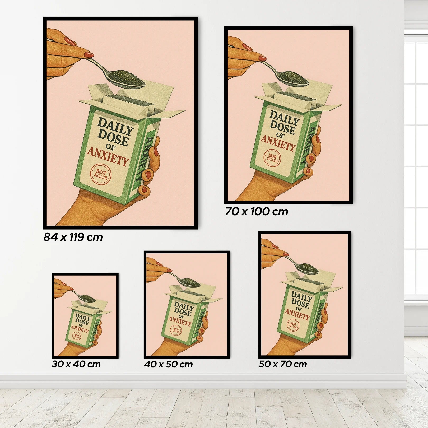 Set of framed prints with a hand holding a box labeled 'Daily Dose of Anxiety' on a peach background.