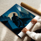 Person unrolling a Batman-themed poster on a carpeted floor