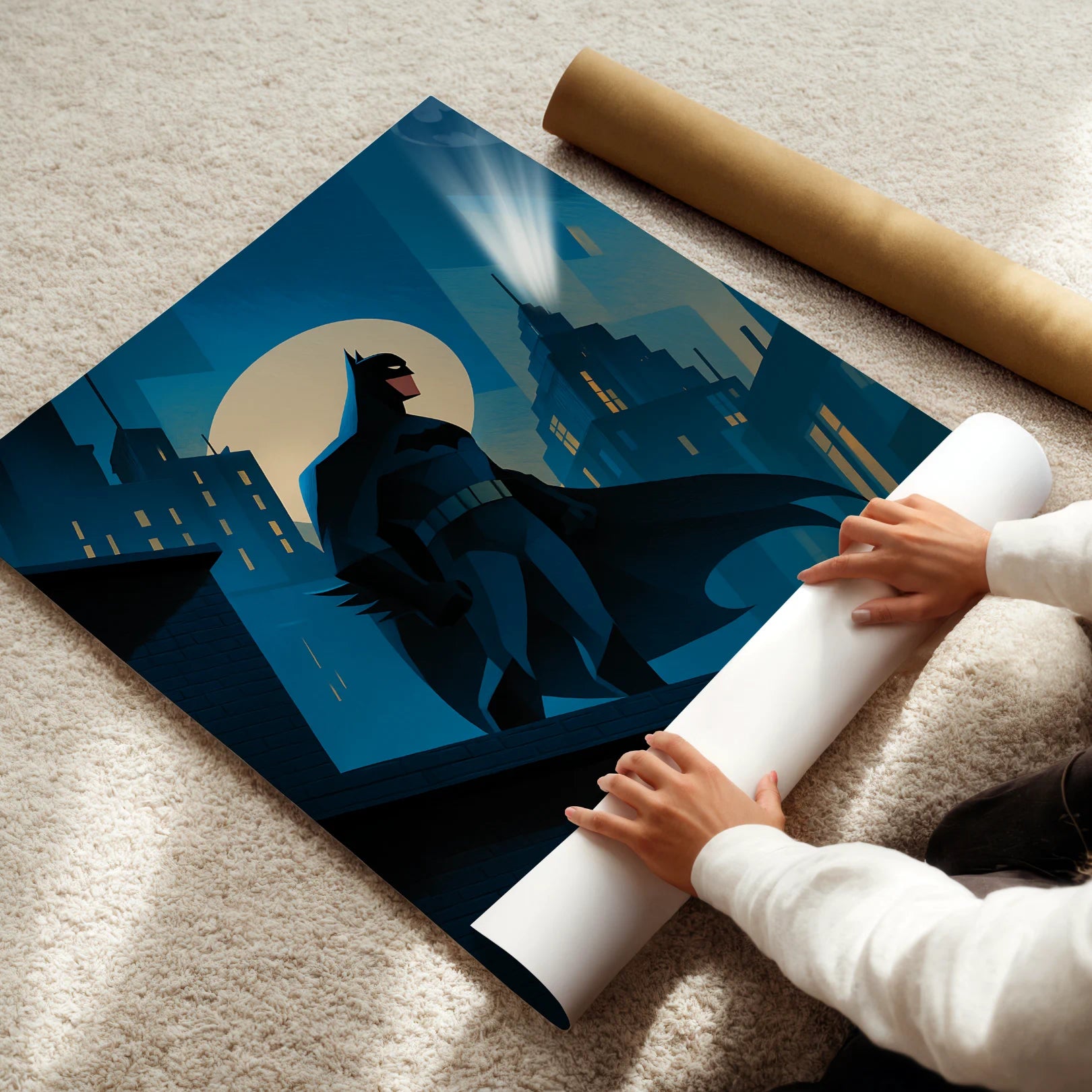 Person unrolling a Batman-themed poster on a carpeted floor