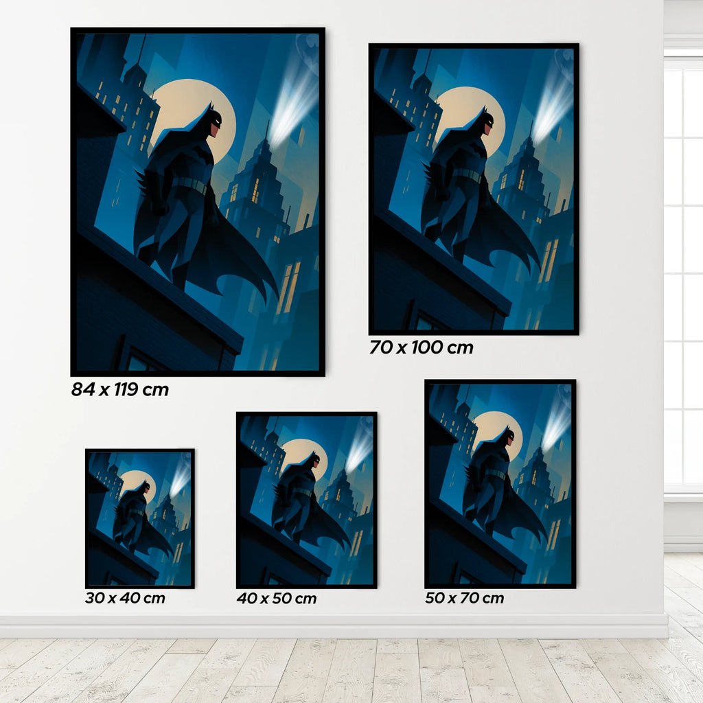 Set of Batman wall art prints in various sizes on a white wall.