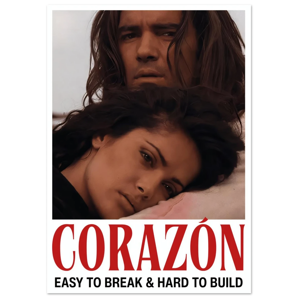 Desperado Movie poster with Antonio Banderas and selma Hayek lying down, featuring the title 'Corazon' in red text.