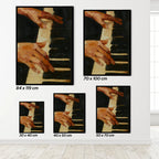 Set of five framed artworks depicting hands playing a piano, with dimensions displayed.