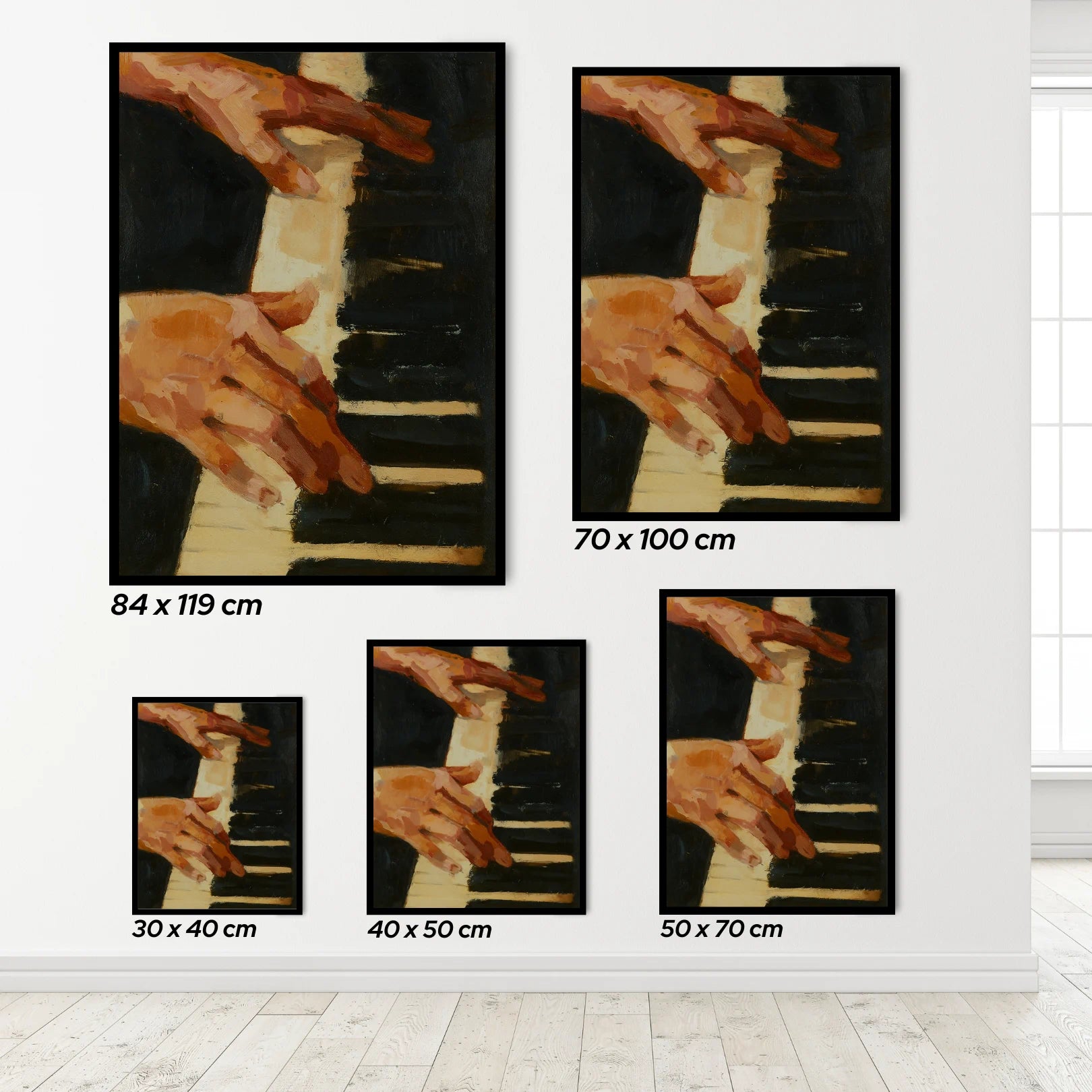 Set of five framed artworks depicting hands playing a piano, with dimensions displayed.