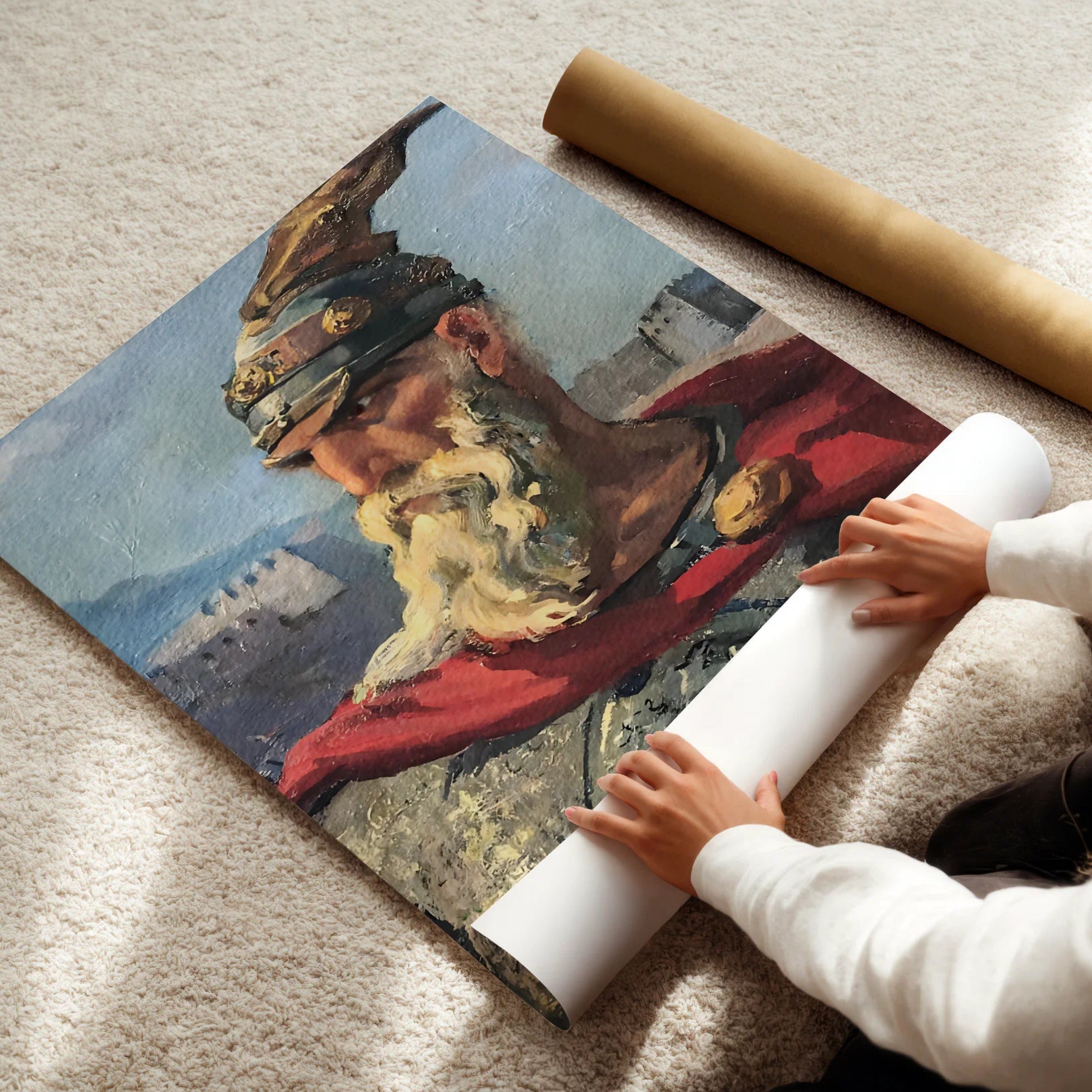 Person unrolling a large poster of skanderbeg on a carpeted floor.