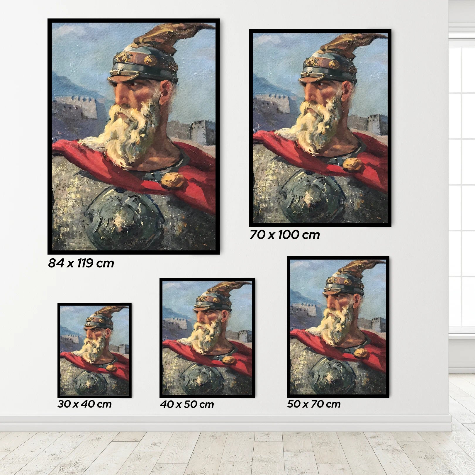 Set of framed artworks of skanderbeg warrior with different sizes displayed on a wall.