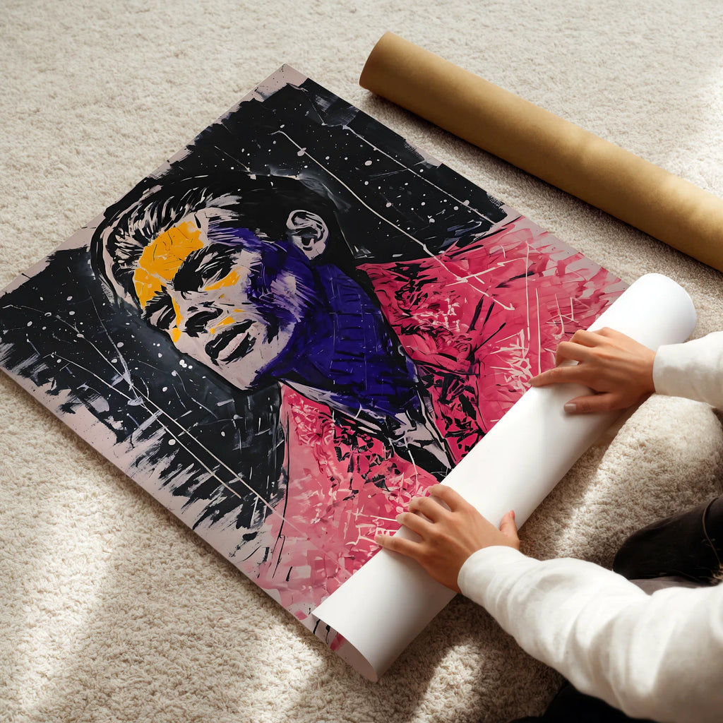 Person unrolling a large poster with a colorful abstract portrait on a light-colored floor.