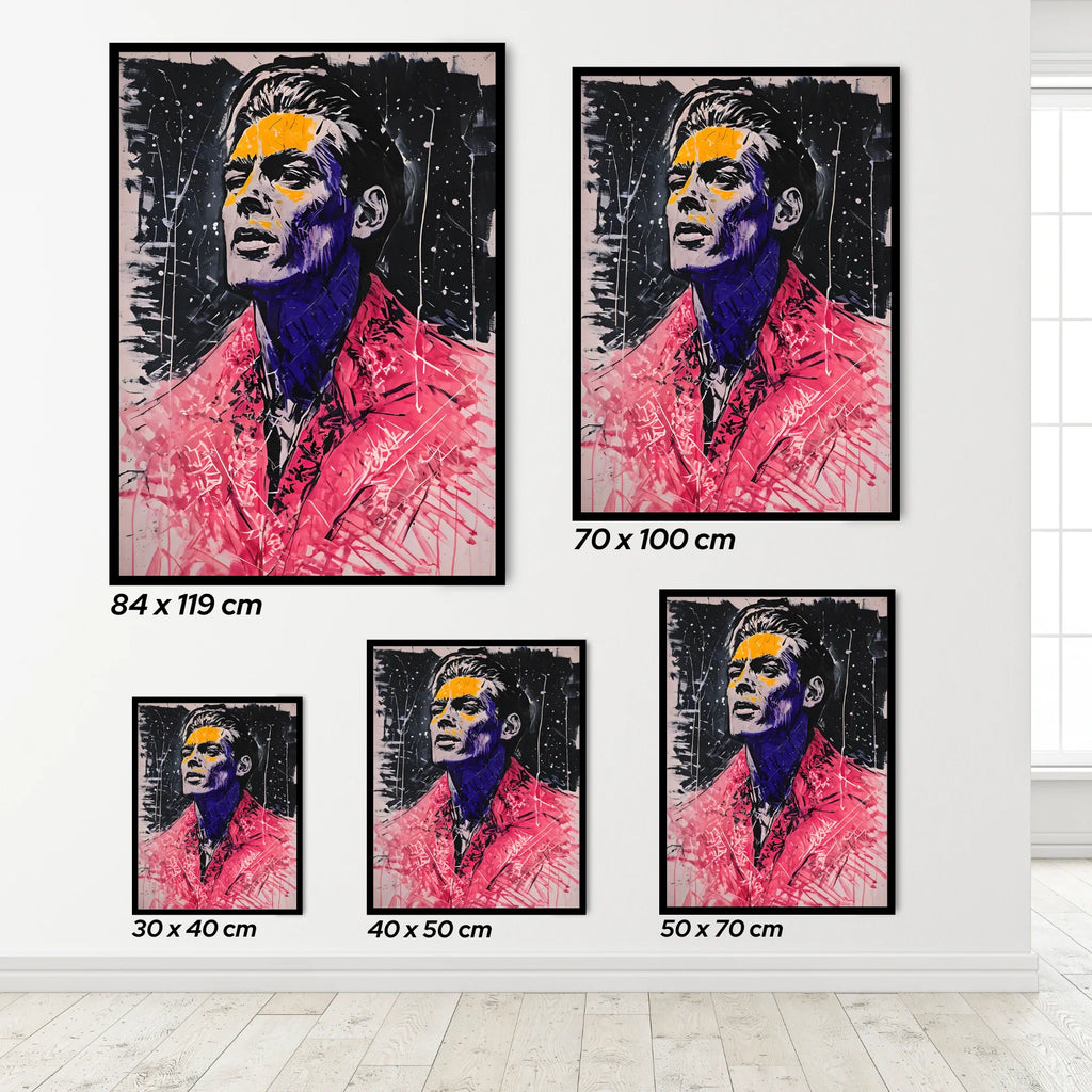 Set of abstract artworks of a person in a pink jacket with different sizes displayed on a wall.