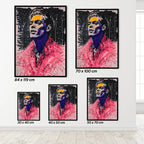 Set of abstract artworks of a person in a pink jacket with different sizes displayed on a wall.