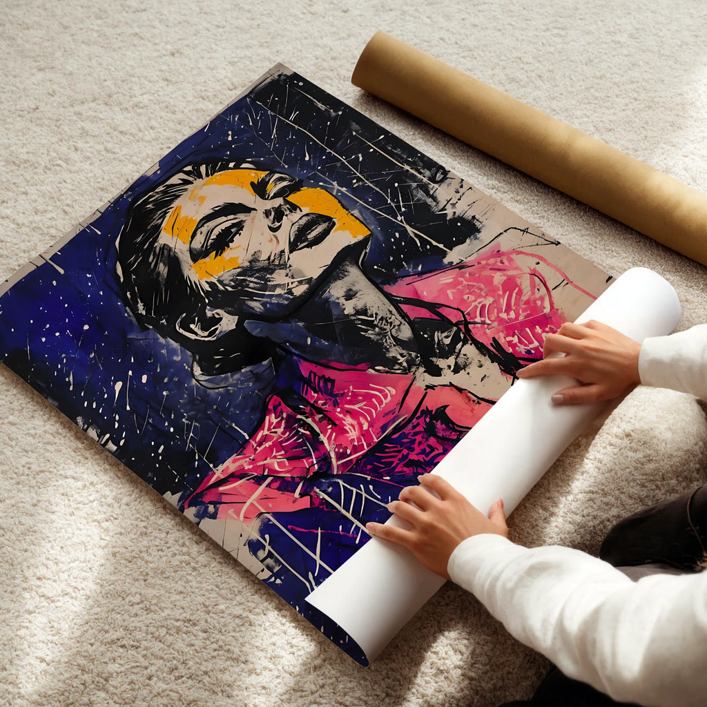 Person unrolling a colorful abstract artwork on a light-colored floor.