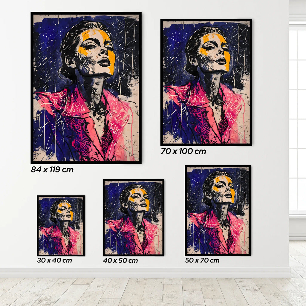 Set of framed abstract woman posters on a white wall.