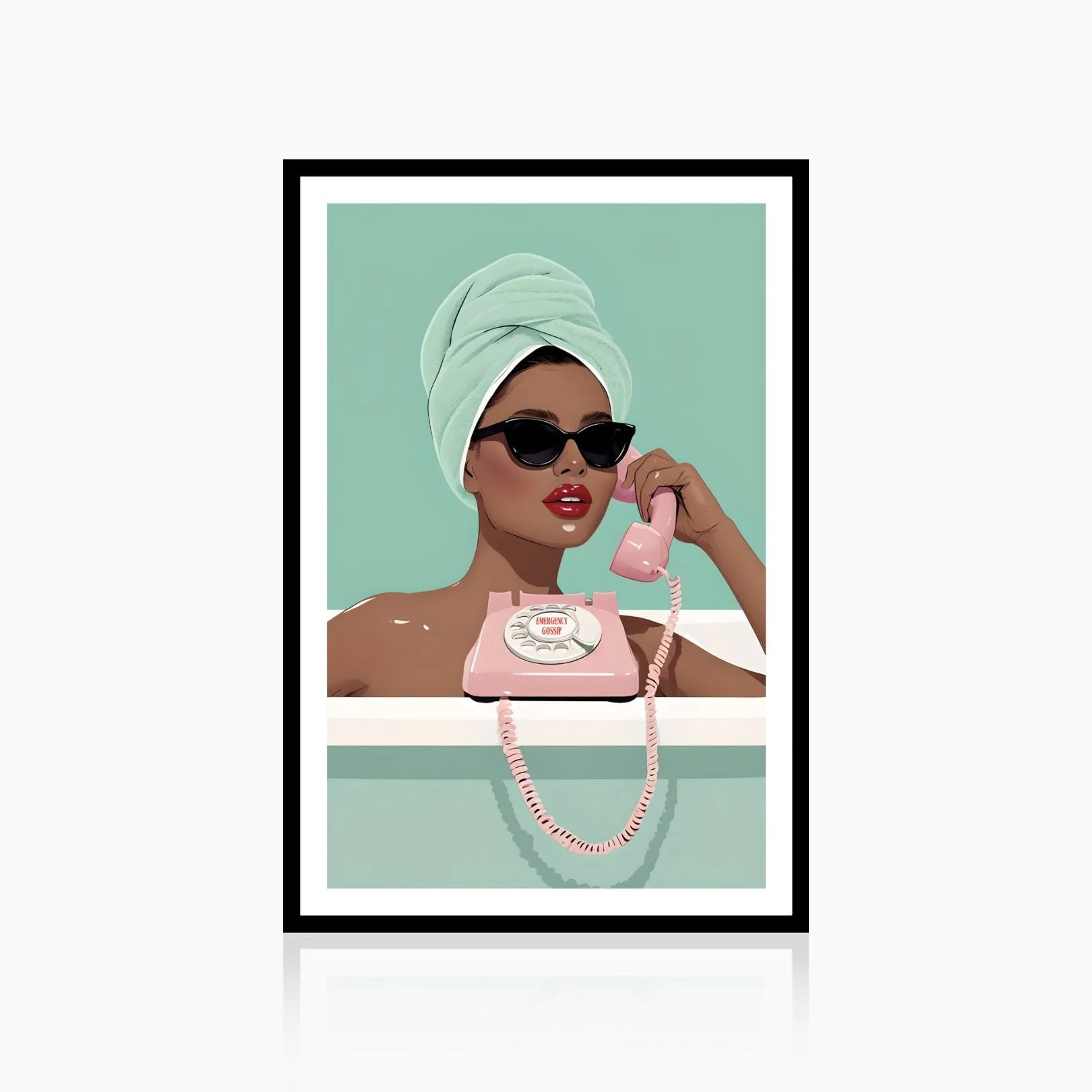 Framed Emergency Gossip poster on clean wall – stylish wall art with bold female character and vintage phone