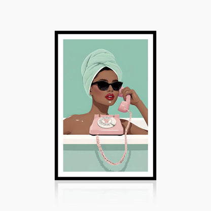 Framed Emergency Gossip poster on clean wall – stylish wall art with bold female character and vintage phone