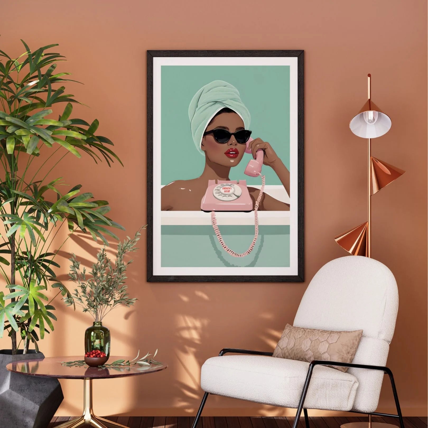 Emergency Gossip artwork in boho interior – print with retro glamour and telephone drama