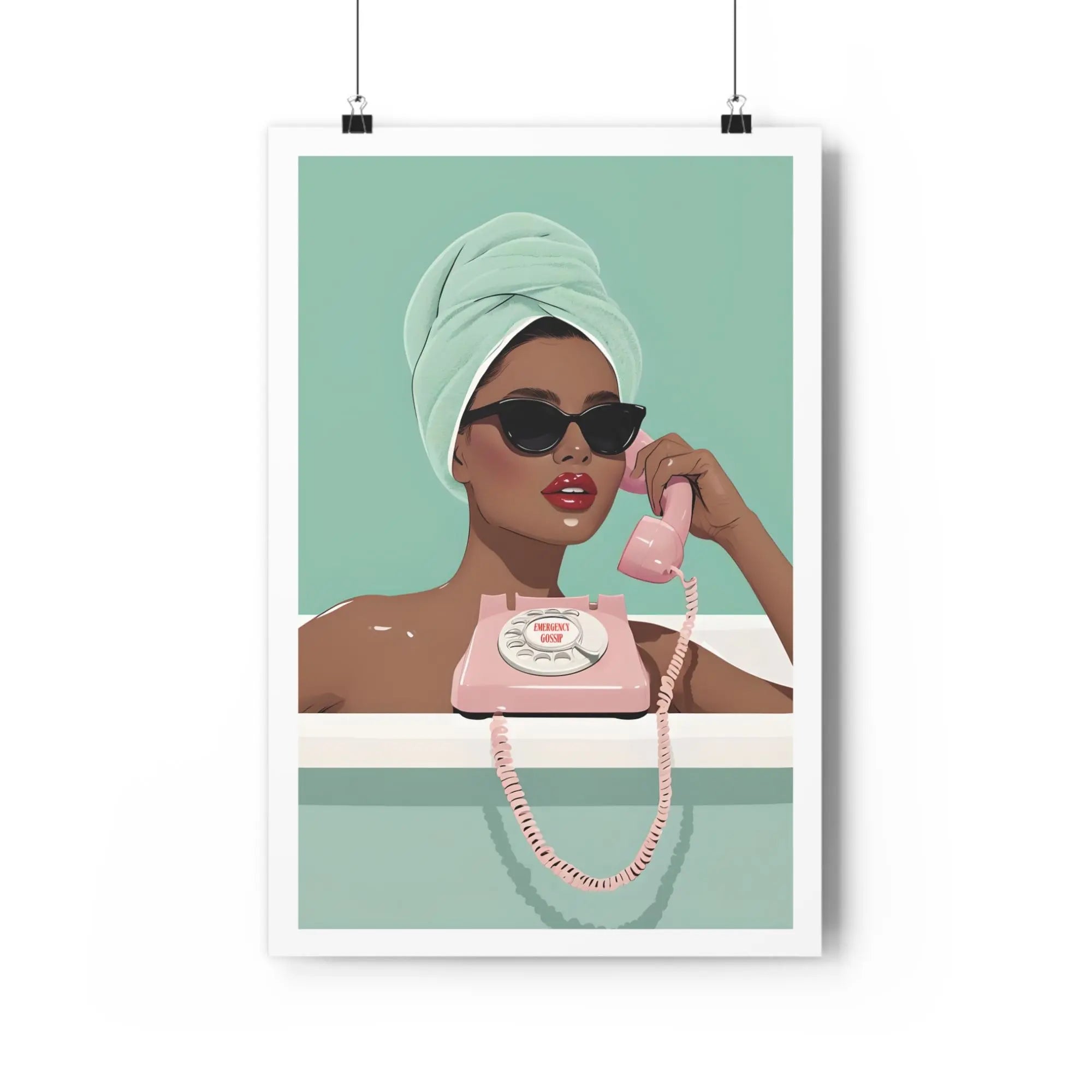Emergency Gossip artwork featuring stylish woman with towel and phone on minimalist white background